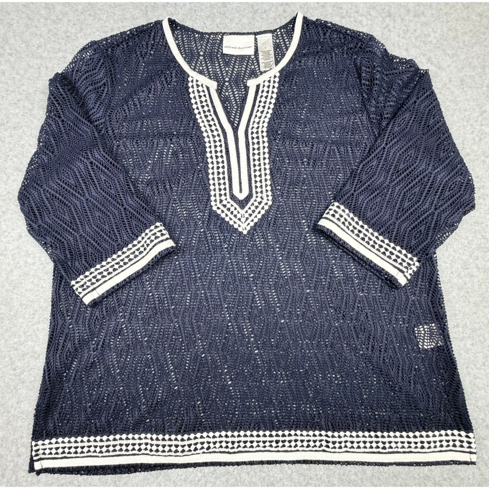 Alfred Dunner Navy Blue Crochet Knit Split Neck Tunic Top Womens Large 3/4 Slv